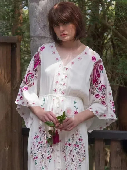 V Collar Embroidery Oversized Casual Cotton Boho Dress bohodress-250126