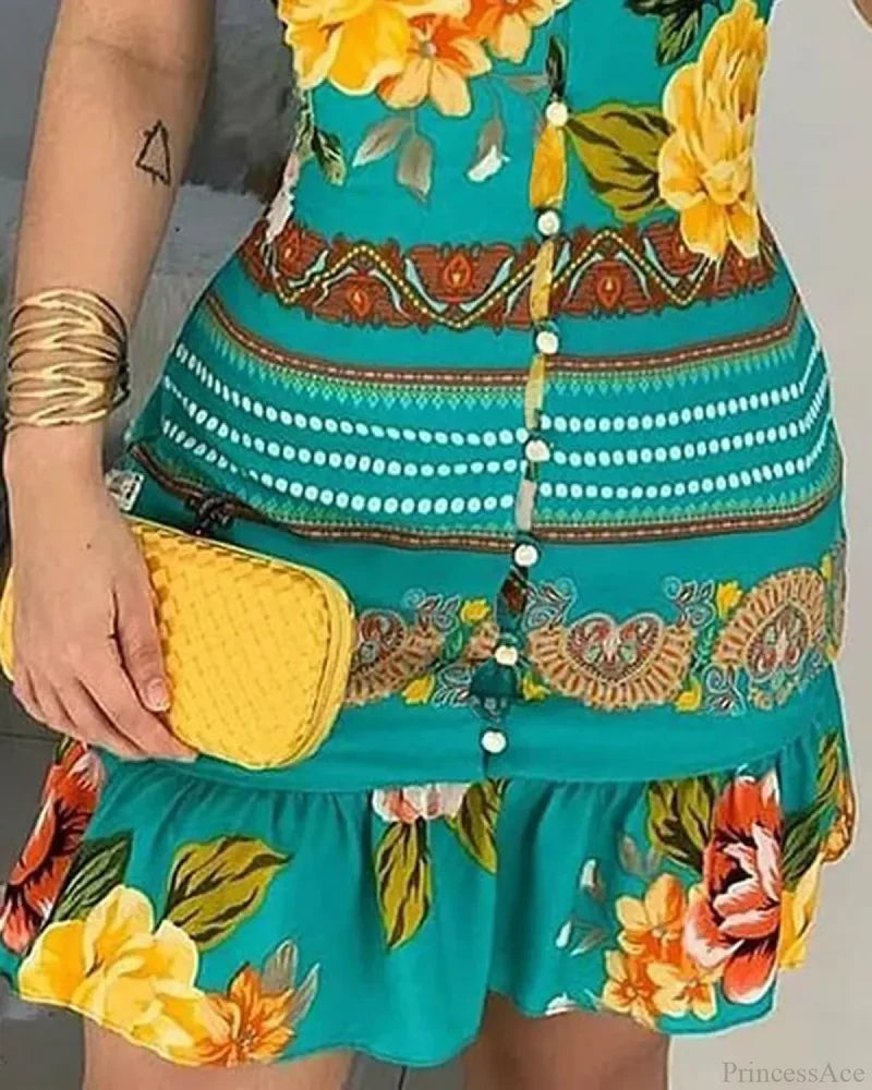 V-neck Buttoned Design Floral Print Dress oldfloraldress-250126