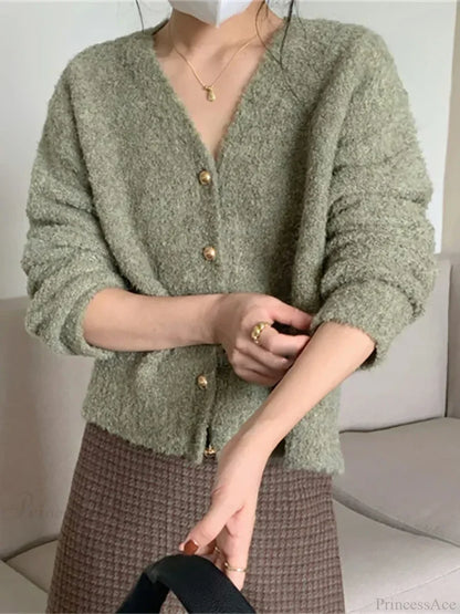 V-neck Cashmere Knit Cardigan Green / One Size