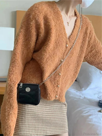 V-neck Cashmere Knit Cardigan Orange / One Size