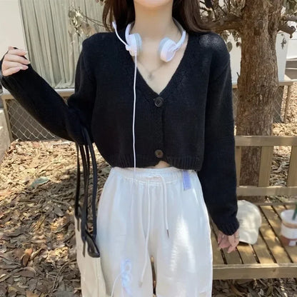 V-Neck Casual Fashion Long Sleeve Cardigan Black / One Size cardiagn-250126