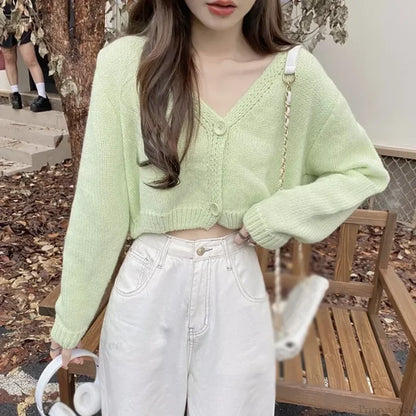V-Neck Casual Fashion Long Sleeve Cardigan Green / One Size cardiagn-250126