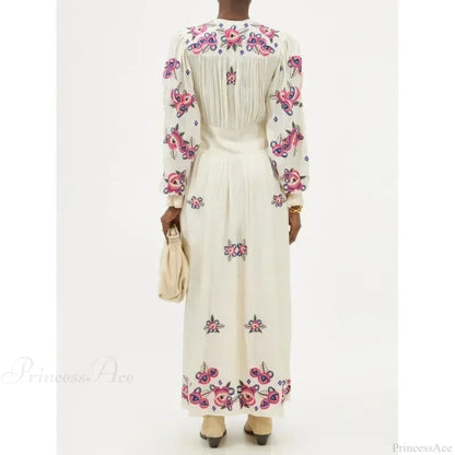 V-neck Floral A-line Lantern Sleeve Cotton Boho Dress bohodress-250126