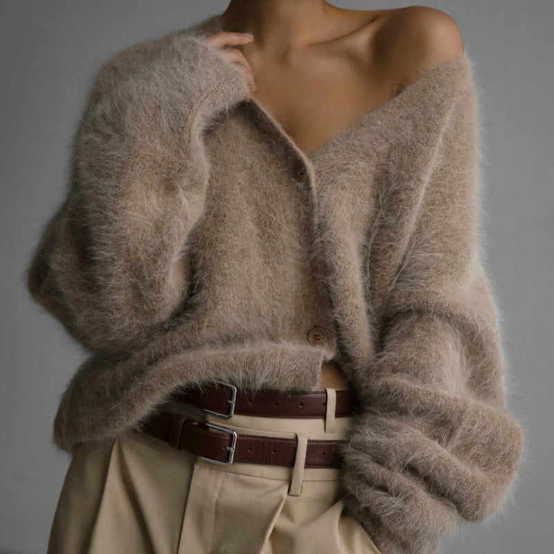 V-Neck Mink Wool Knit Cardigan