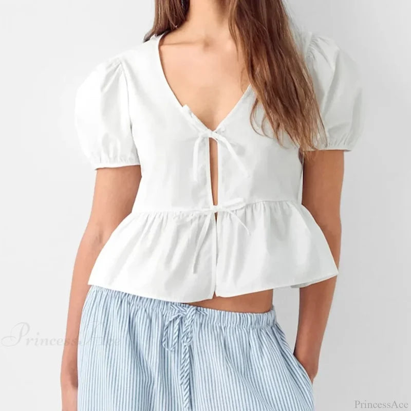 V-neck Open Front Tie-up Short Sleeve Blouse WHITE / S blouse-250126