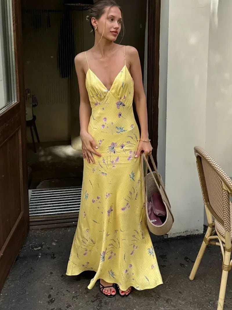 V-neck Print Floral Yellow Vacation Dress Yellow / S vacationdress-250223
