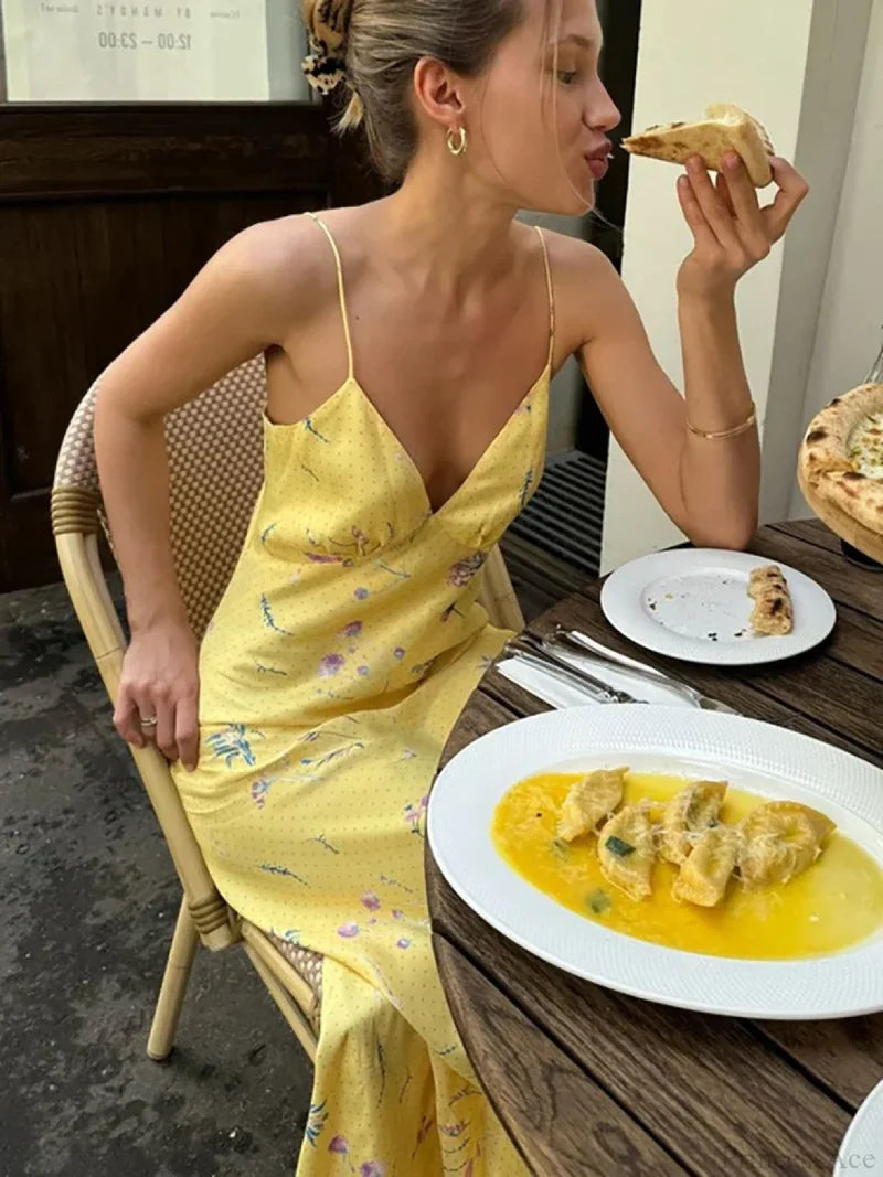 V-neck Print Floral Yellow Vacation Dress vacationdress-250223