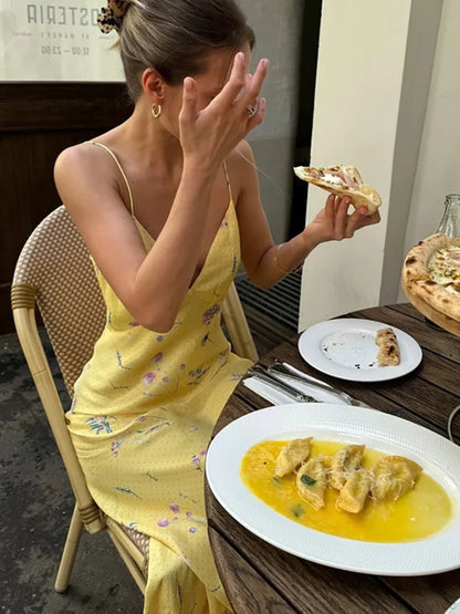 V-neck Print Floral Yellow Vacation Dress vacationdress-250223