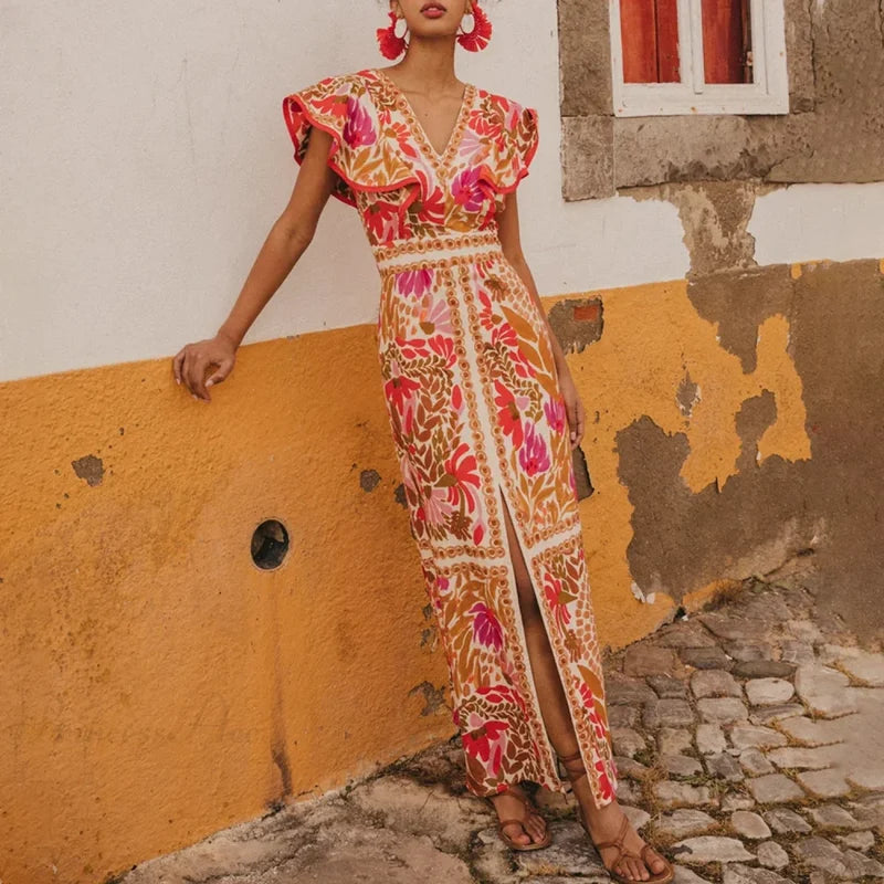 V Neck Retro Print Skirt Two Piece Set pink set / S