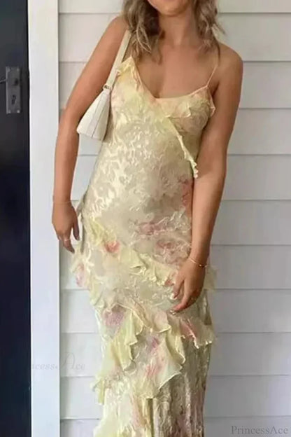 V Neck Ruffled Floral Print Vacation Dress Yellow / S vacationdress-250223