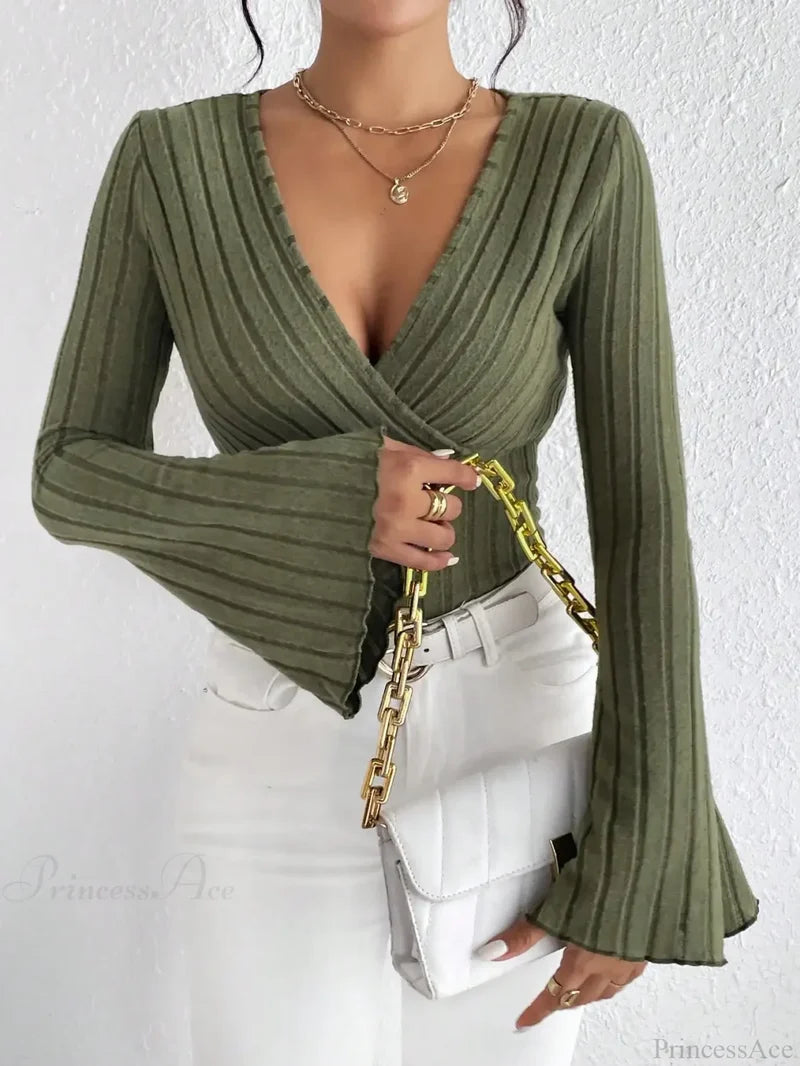 V-neck Striped Long Sleeve Knit Sweater green / XS