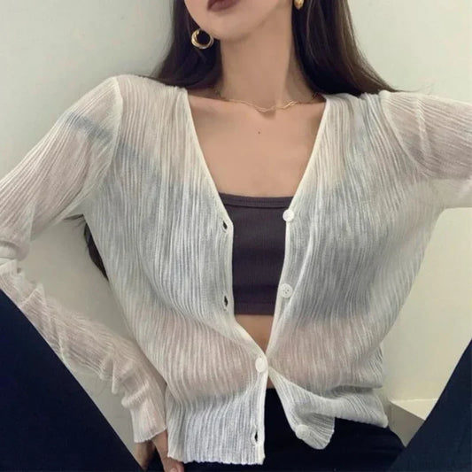 V-Neck Thin Long Sleeve Sunscreen Casual Black White Cardigan cardiagn-250126