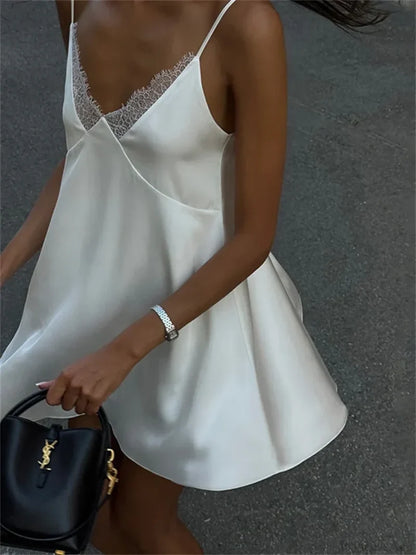 V-Neck White Spaghetti Mini Dress minidress-250223