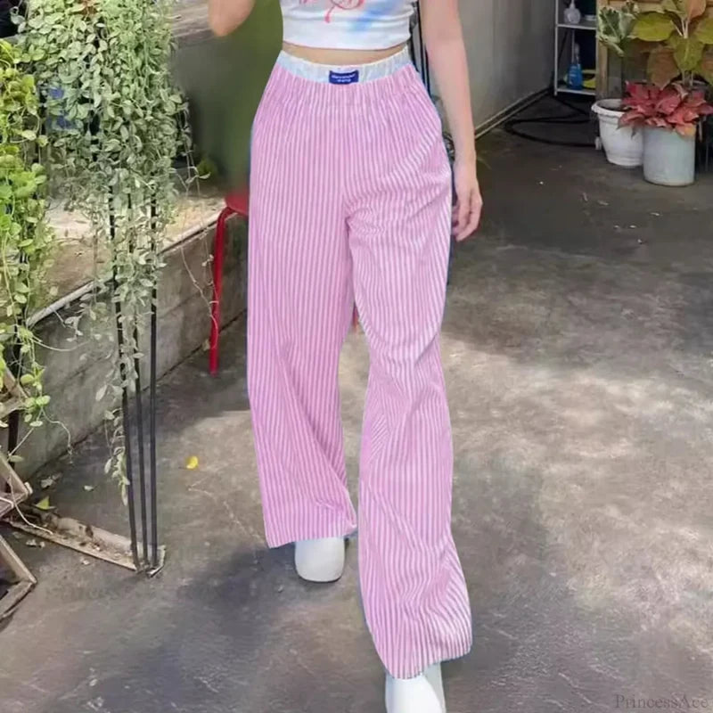 Vertical Stripes High Waist Trousers Pants Red / S