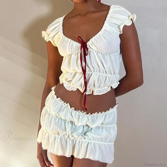 Vintage 2 Piece Set Cute Bow V Neck Ruched Crop Tops + Mini Pencil Fairycore Cottage T-shirt Y2K Kawaii Sweet Outfits