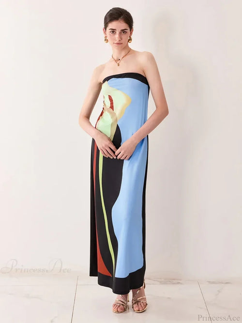 Vintage Abstract Floral Strapless Backless Loose Tube Top Floral Dress BLUE / S floraldress-250126