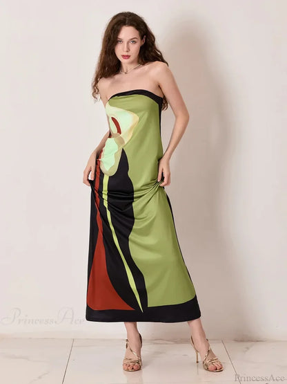 Vintage Abstract Floral Strapless Backless Loose Tube Top Floral Dress floraldress-250126