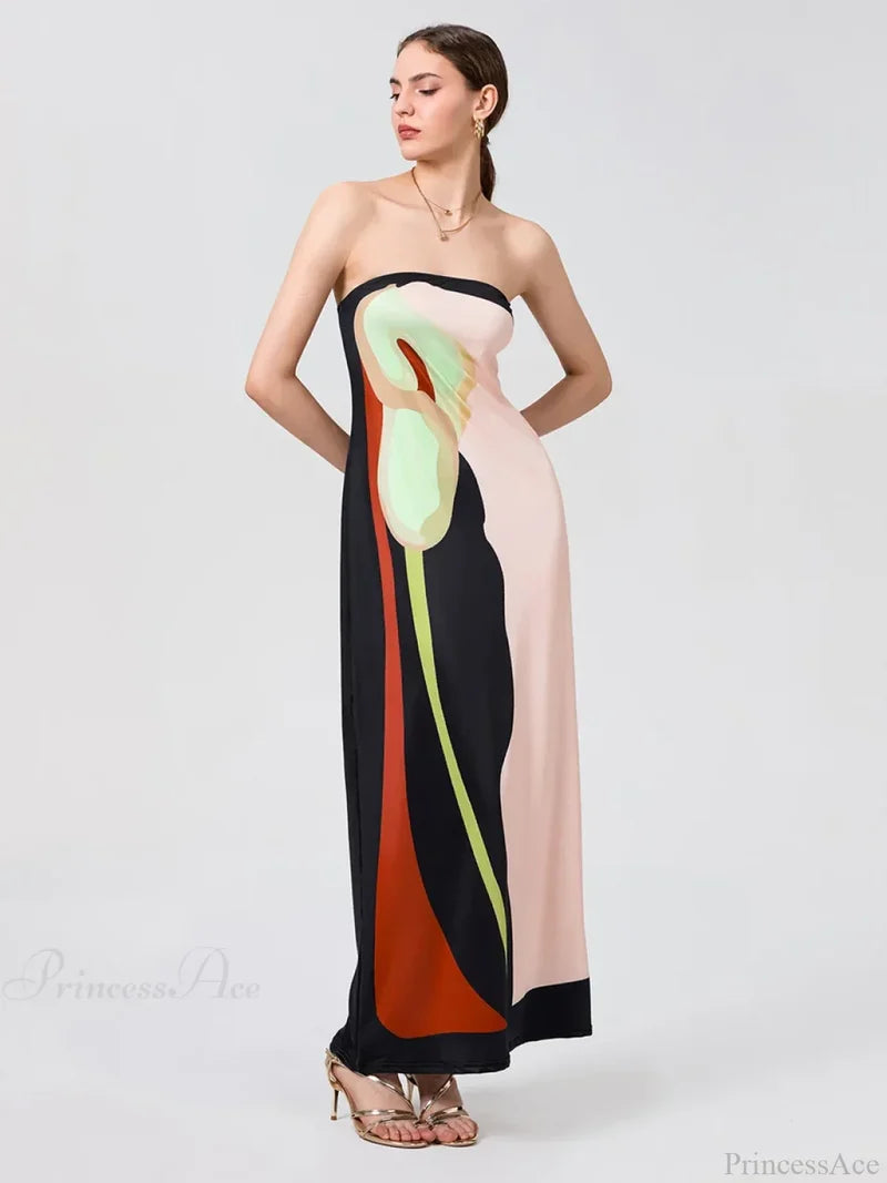Vintage Abstract Floral Strapless Backless Loose Tube Top Floral Dress PINK1 / S floraldress-250126