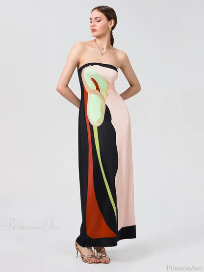 Vintage Abstract Floral Strapless Backless Loose Tube Top Floral Dress PINK1 / S floraldress-250126