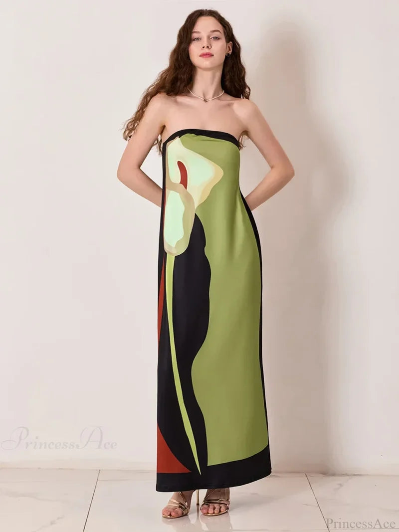 Vintage Abstract Floral Strapless Backless Loose Tube Top Floral Dress GREEN / S floraldress-250126