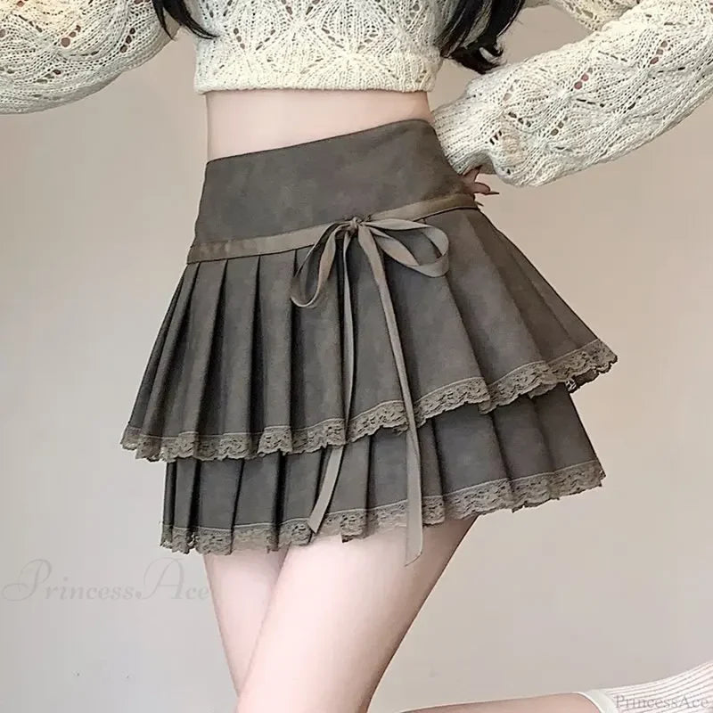Vintage Bow Pleated PU Skirt skirts-250223