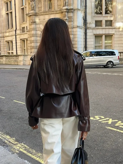Vintage Brown Button PU Leather Coat