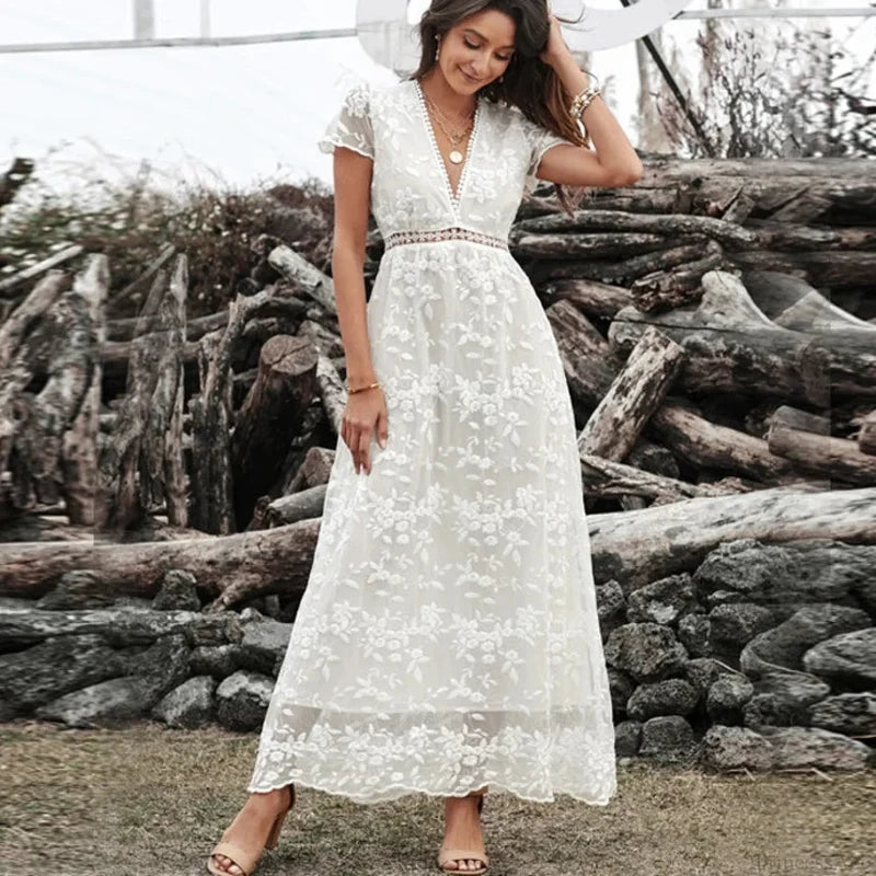 Vintage Deep V Short Sleeve Dress White / S bohodress-250126