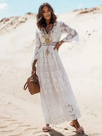 Vintage Embroidery Loose White Red Boho Dress bohodress-250126