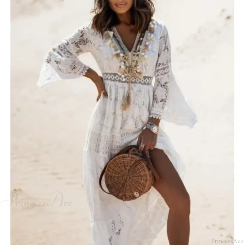 Vintage Embroidery Loose White Red Boho Dress bohodress-250126