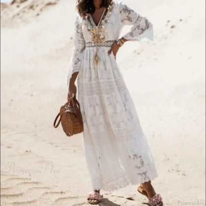 Vintage Embroidery Loose White Red Boho Dress WHITE / S bohodress-250126