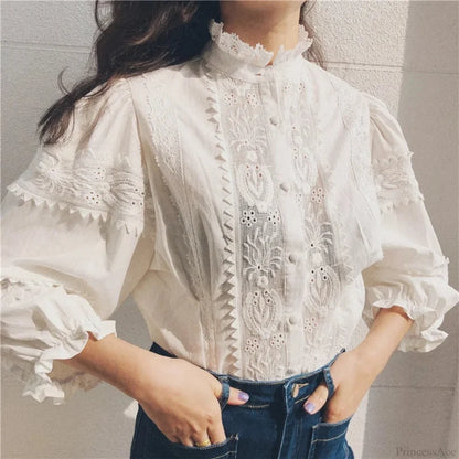 Vintage Floral Embroidery Cotton Linen Lantern Sleeve Boho Blouse bohoblouse-250126