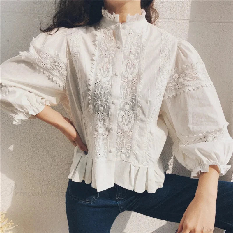 Vintage Floral Embroidery Cotton Linen Lantern Sleeve Boho Blouse bohoblouse-250126