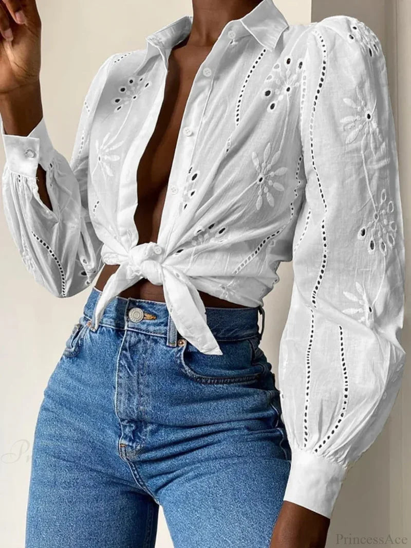 Vintage Floral Embroidery Hollow Out Puff Sleeve Boho Blouse bohoblouse-250126