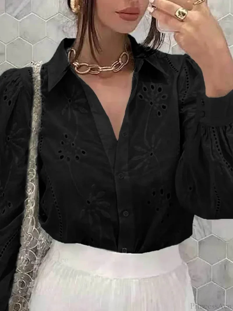 Vintage Floral Embroidery Hollow Out Puff Sleeve Boho Blouse Black / S bohoblouse-250126
