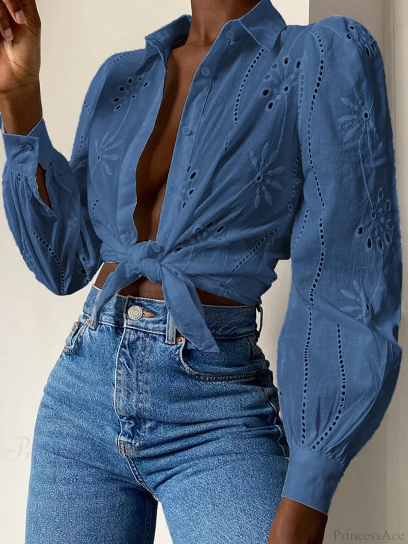 Vintage Floral Embroidery Hollow Out Puff Sleeve Boho Blouse Gray-blue / S bohoblouse-250126