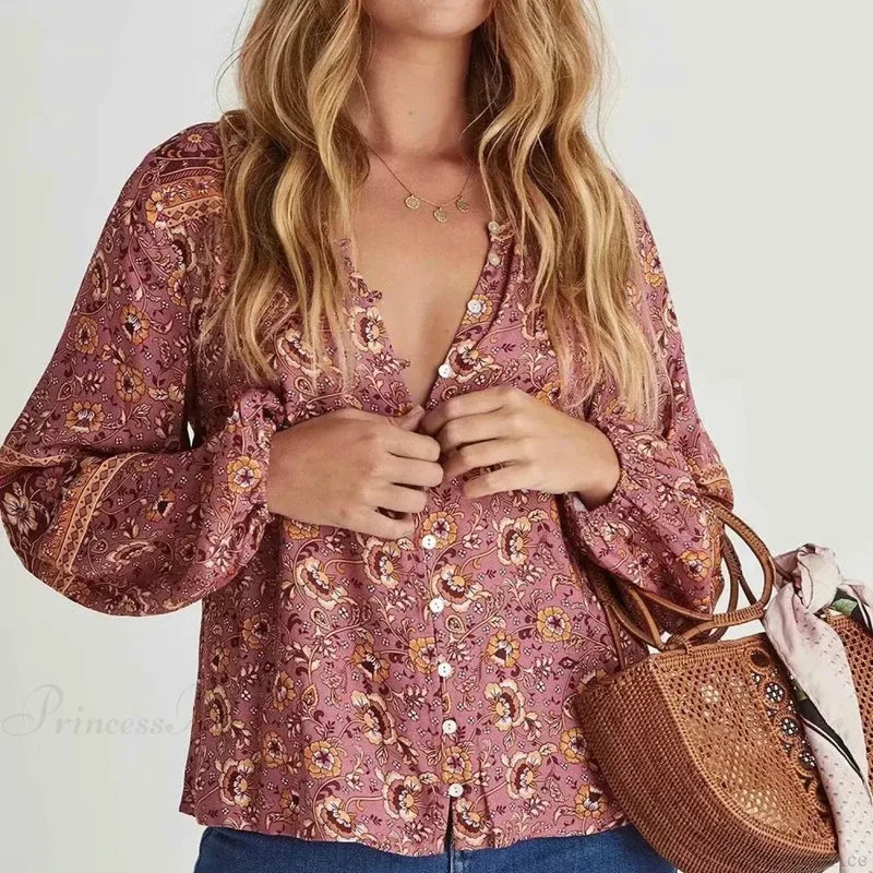 Vintage Floral Maxi Skirt Casual Beach Boho Rayon Elastic Waist Tie pink blouse / S bohodress-250126