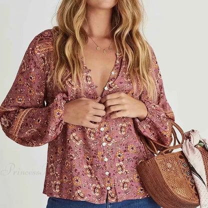 Vintage Floral Maxi Skirt Casual Beach Boho Rayon Elastic Waist Tie pink blouse / S bohodress-250126