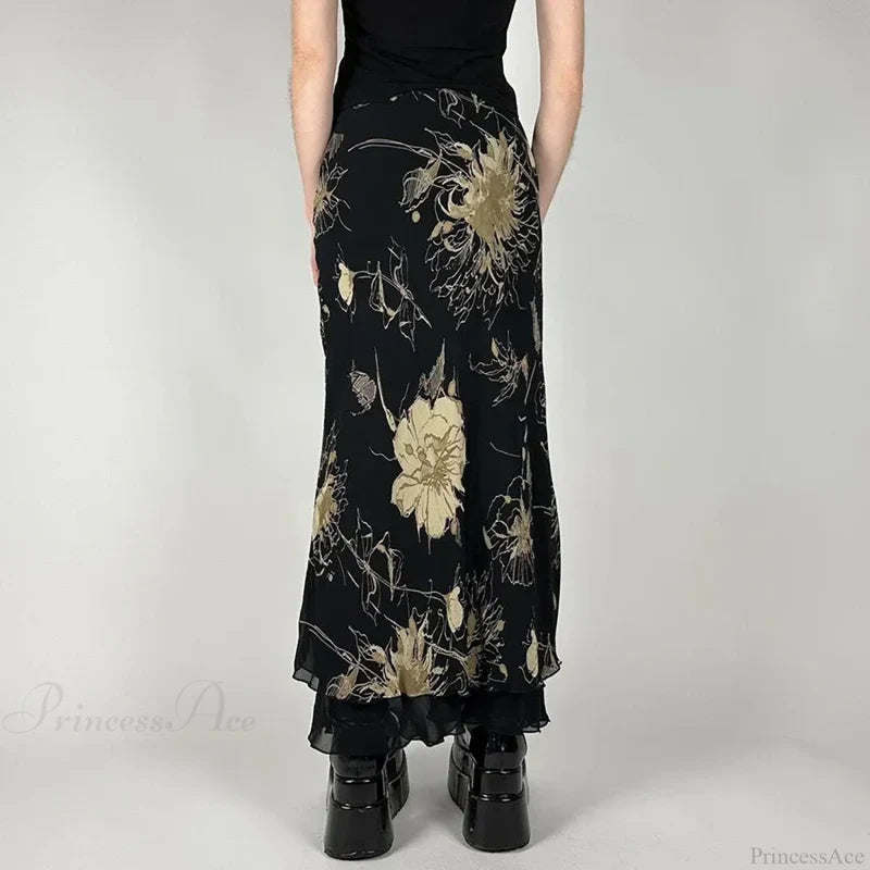 Vintage Floral Print Low Rise Slim-Fitting Streetwear Skirt Black / S skirt-250126