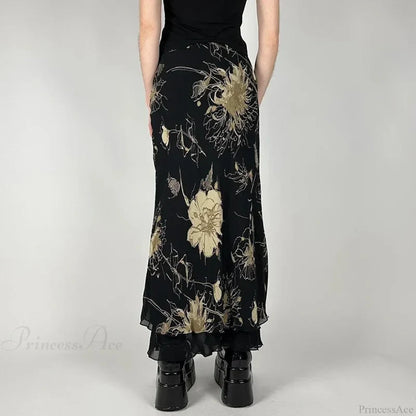 Vintage Floral Print Low Rise Slim-Fitting Streetwear Skirt Black / S skirt-250126