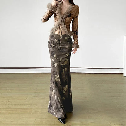 Vintage Floral Print Maxi Skirt Grunge Style 2000s skirt-250126