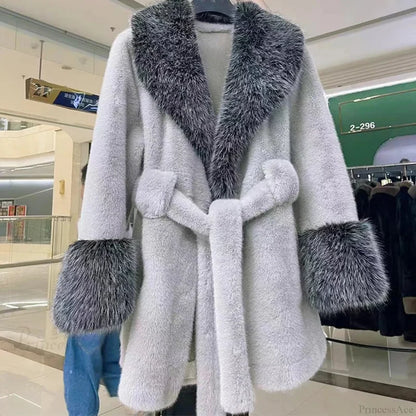 Vintage Fox Fur Belted Luxury Coat Silver Gray / L