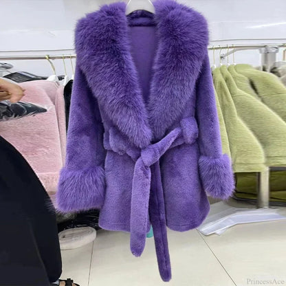 Vintage Fox Fur Belted Luxury Coat Dark Violet / L