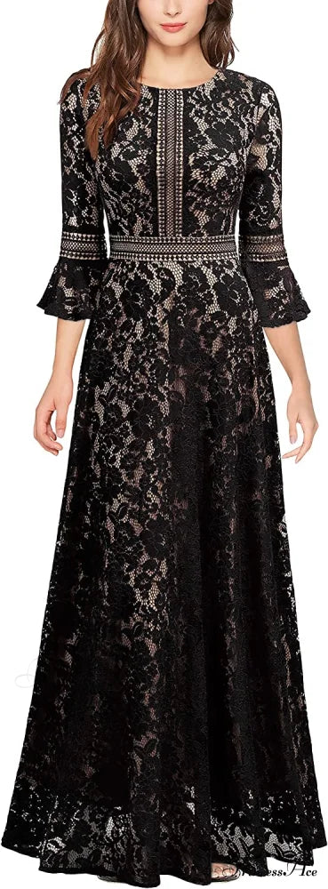 Christmas Vintage Full Lace Contrast Bell Sleeve Formal Long Dress B-Black / Xx-Large
