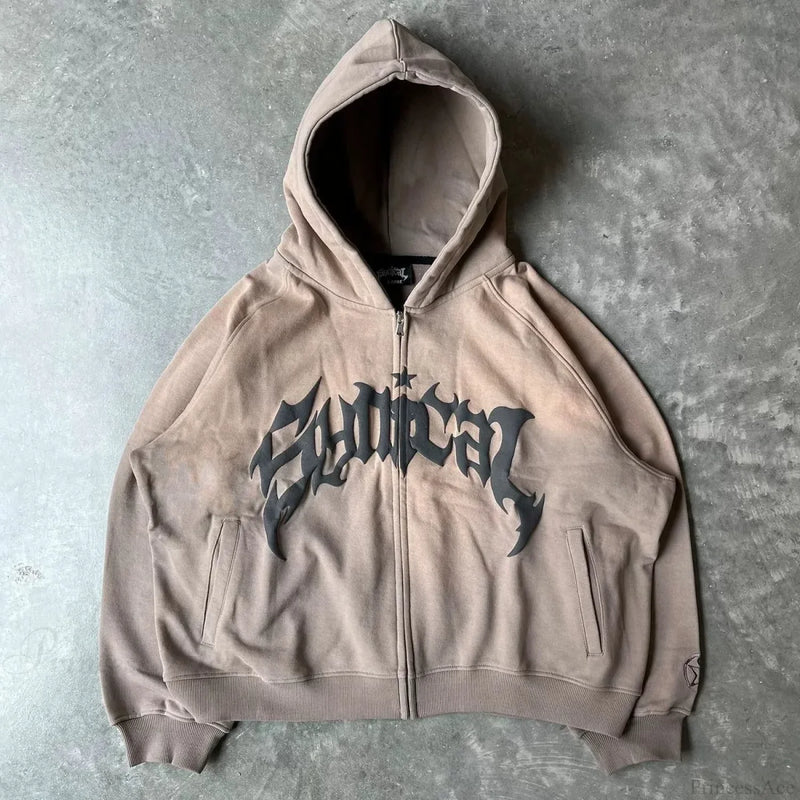 Vintage Gothic Printed Zipper Hoodie Coffee / M