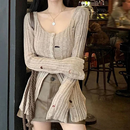 Vintage Knitted Spring Long Sleeve Button Closure Slim Knit Top Khaki / One Size knittop-250126
