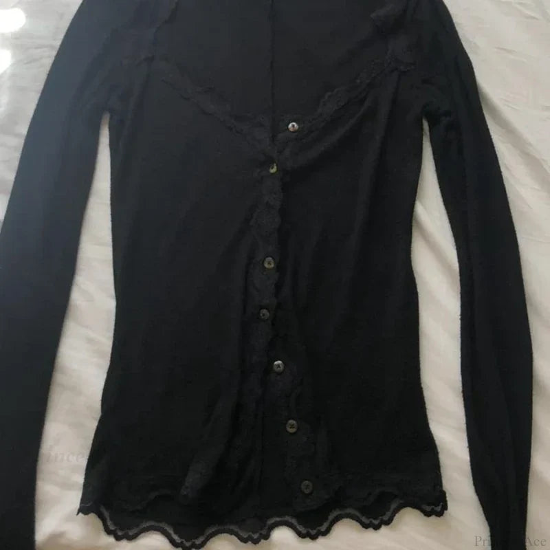 Vintage Lace Trim Button Low Cut Slim Fit Knit Top knittop-250126
