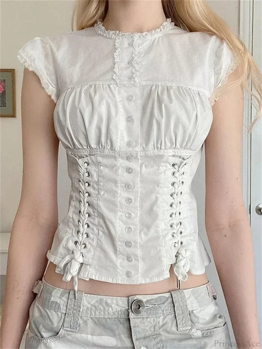 Vintage Lace Trim Cap Sleeve Bandage Blouse WHITE / S blouse-250126
