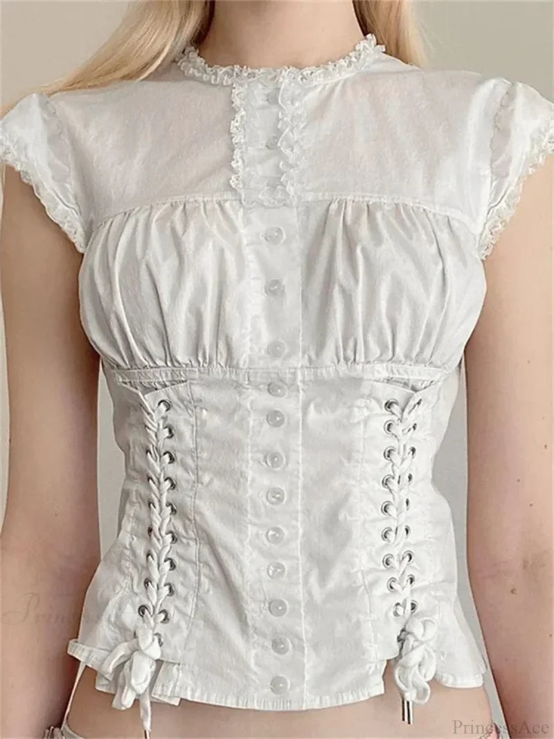 Vintage Lace Trim Cap Sleeve Bandage Blouse blouse-250126