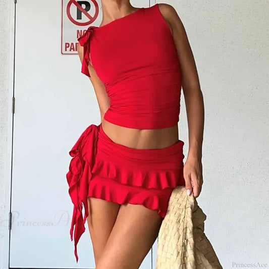 Vintage Lettuce Edge Tie Up Crop Top + Ruched Tiered Ruffles Mini Skirt Coquette 2 Piece Set Women Club Party