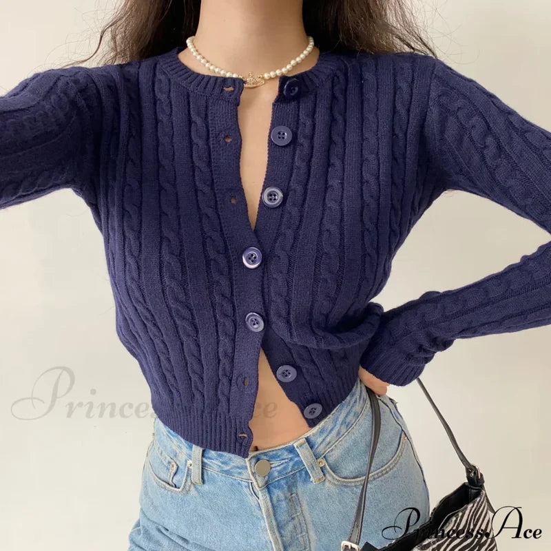 Vintage Long Sleeve Slim Knitted Cardigan Drak Blue / One Size